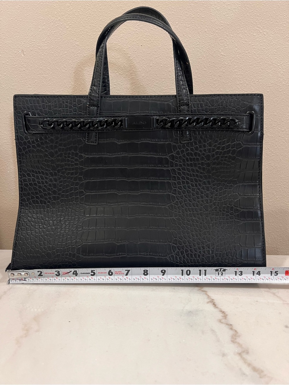 Aldo Black Croc-Embossed Chain-Trim Tote
